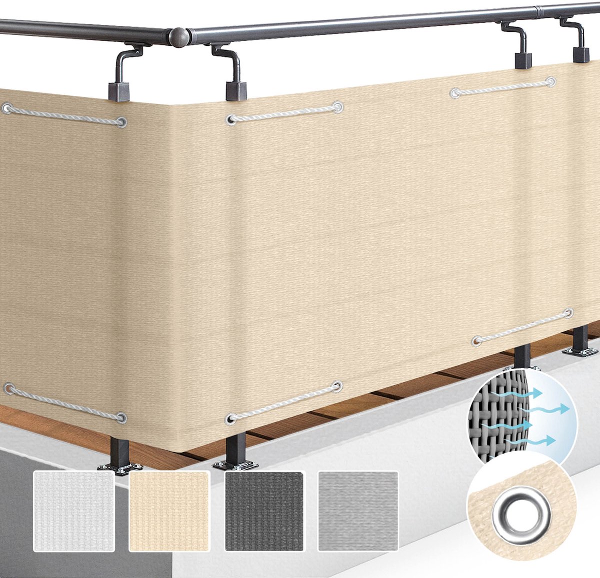 Sol Royal Solvision HB2 – Balkonscherm Beige 90x600cm HDPE – Balkondoek Ondoorzichtig Privacyscherm Windbescherming met Bevestiging
