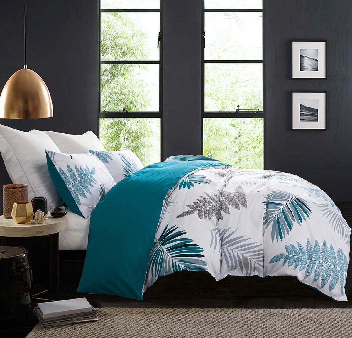 Omgoods - Dekbedovertrekset 600 Draadcount Katoen met Bladpatroon (Full, Teal Leaf)