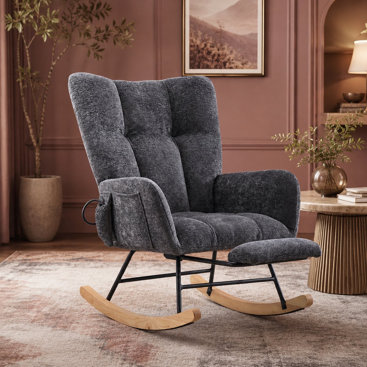 Schommelstoel - Fauteuil - Voedingsstoel - Comfortabele Relaxstoel - Leesstoel - Met voetenbank - Met een hoge rugleuning - Chenillestof - Geschikt voor woonkamer, slaapkamer en kantoor - Donkergrijs
