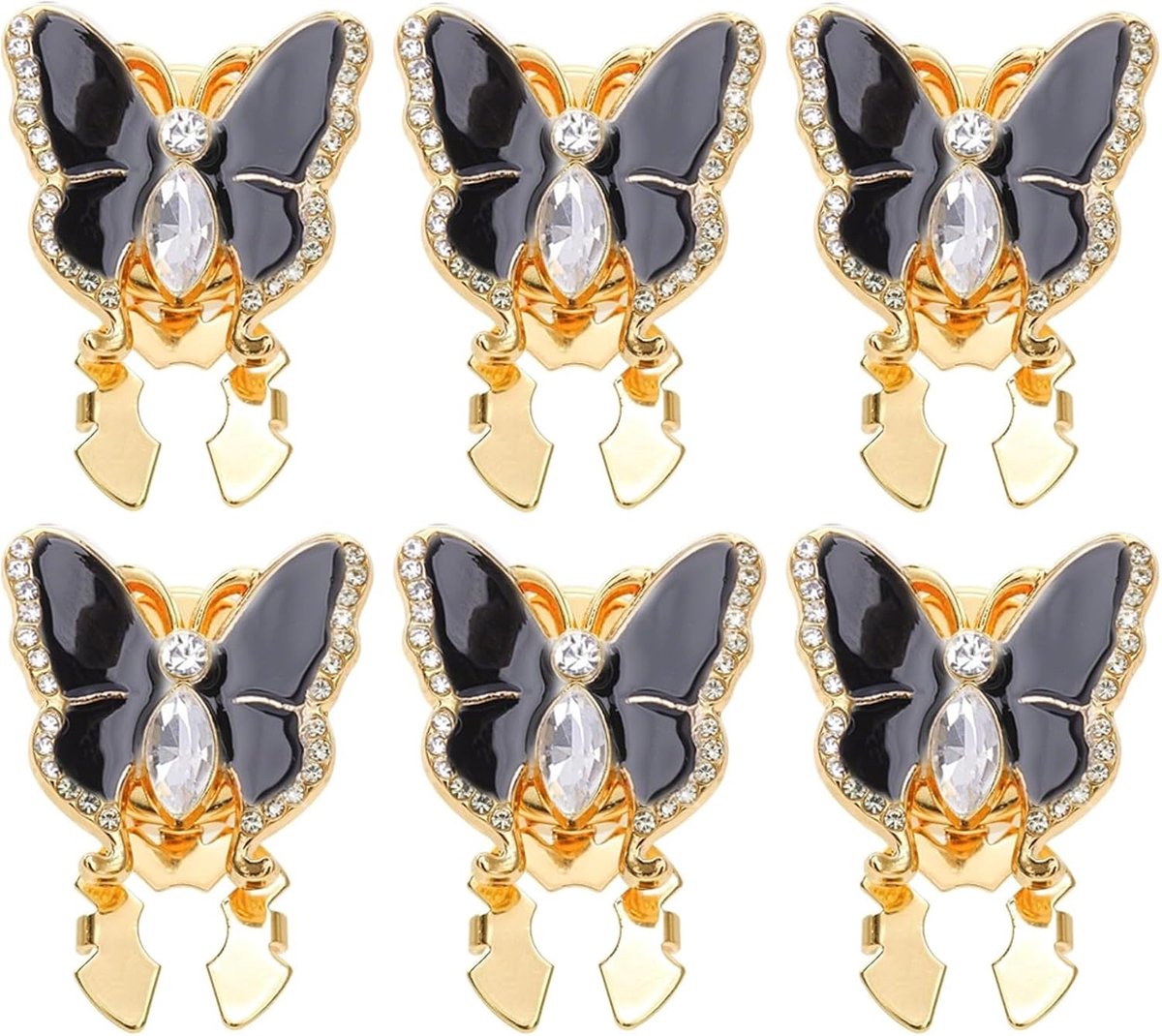 6 Stuks Vlinder Knoopversieringen met Rhinestone - Zwart - Opklikbare Modeknoppen - Unisex - Geschikt voor Overhemden - Jurken en Tuxedo's