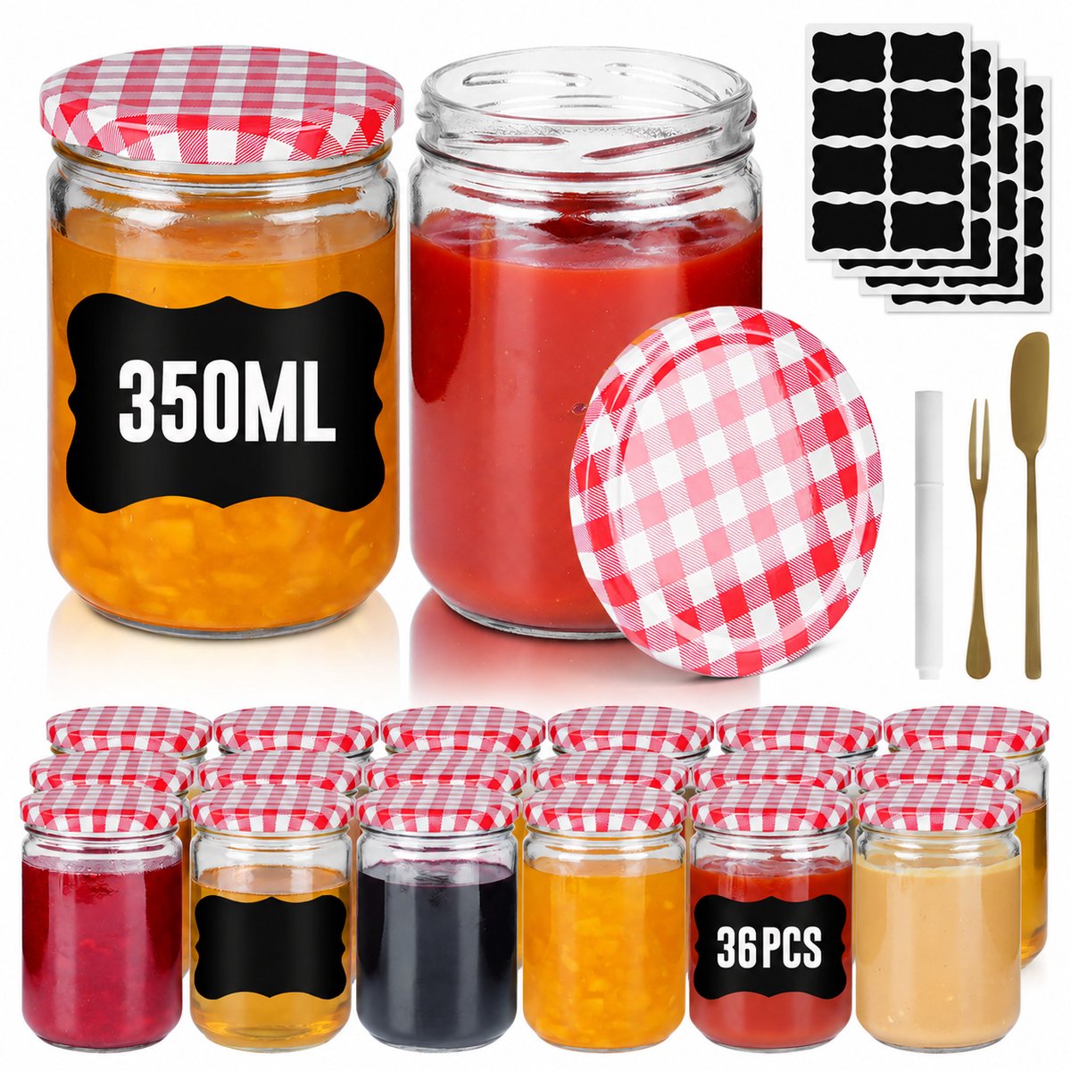 Mini Weckpotten Set 36 stuks 350 ml - Rond Transparant Glas met Metalen Deksel - Luchtdichte Mason Jar voor Honing, Kruiden en Marmelade - Rood & Wit Geruit - NAIZY