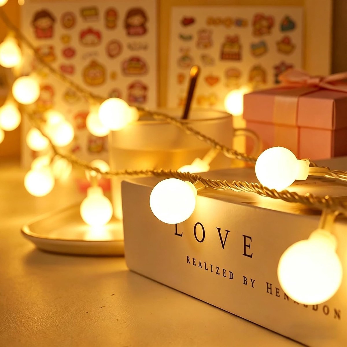 KZQ Led-ketting met bolvormige lampjes, 6 meter met 40 warmwitte leds, met usb-stekker voor direct gebruik, geschikt voor kinderkamer, bruiloft, feest, kerst, balkon, tuin en camping, zowel binnen als buiten