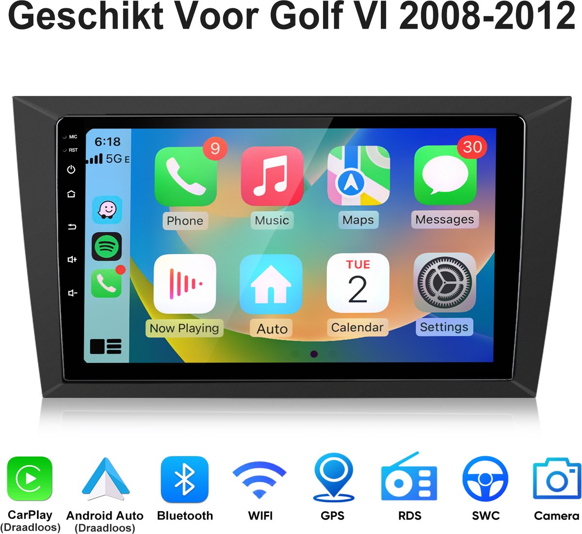 Junsun Android Autoradio Geschikt Voor Golf VI 2008-2012 - Draadloze CarPlay & Andriod Auto - Bluetooth - 9 inch IPS Touchscreen - GPS Multimedia Navigatiesystem - WiFi - Stuurwielbediening - RDS - USB