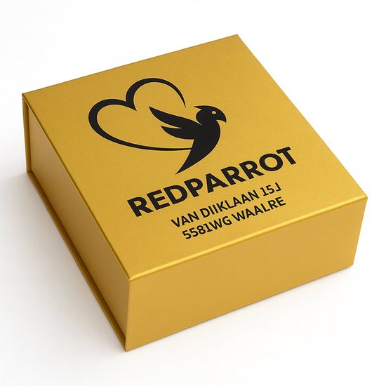 Gouden geschenkdoos met zwart logo 'REDPARROT' en adres.