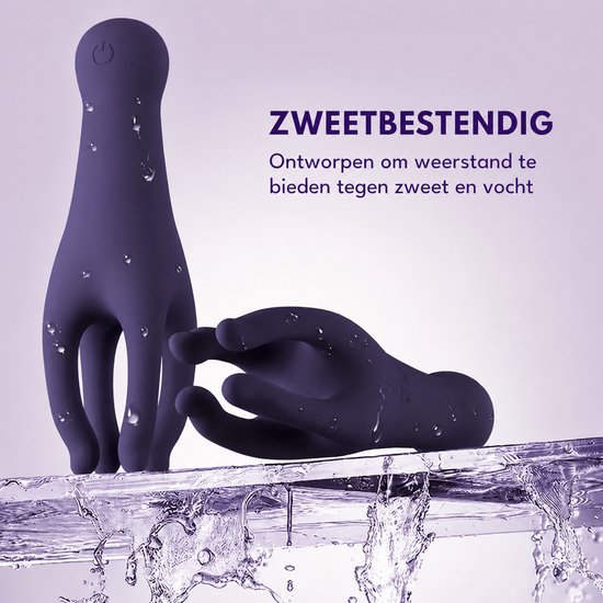 Twee donkerpaarse vibrators in handvorm met waterdruppels, waterbestendig. "ZWEETBESTENDIG"
