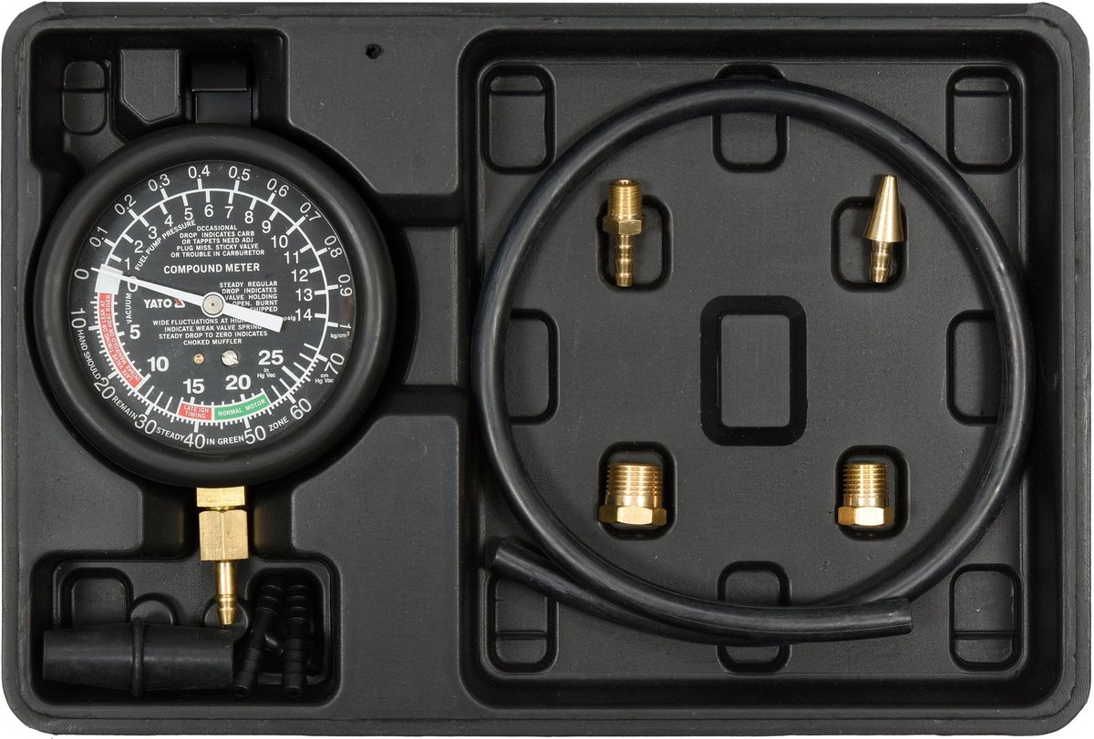 Professionele Vacuüm- & Brandstofdrukmeter Set – 9-Delig – Voor Vacuümsystemen, Carburateurs, Rembekrachtiger (Servo) & Brandstofpompen – Inclusief Koffer