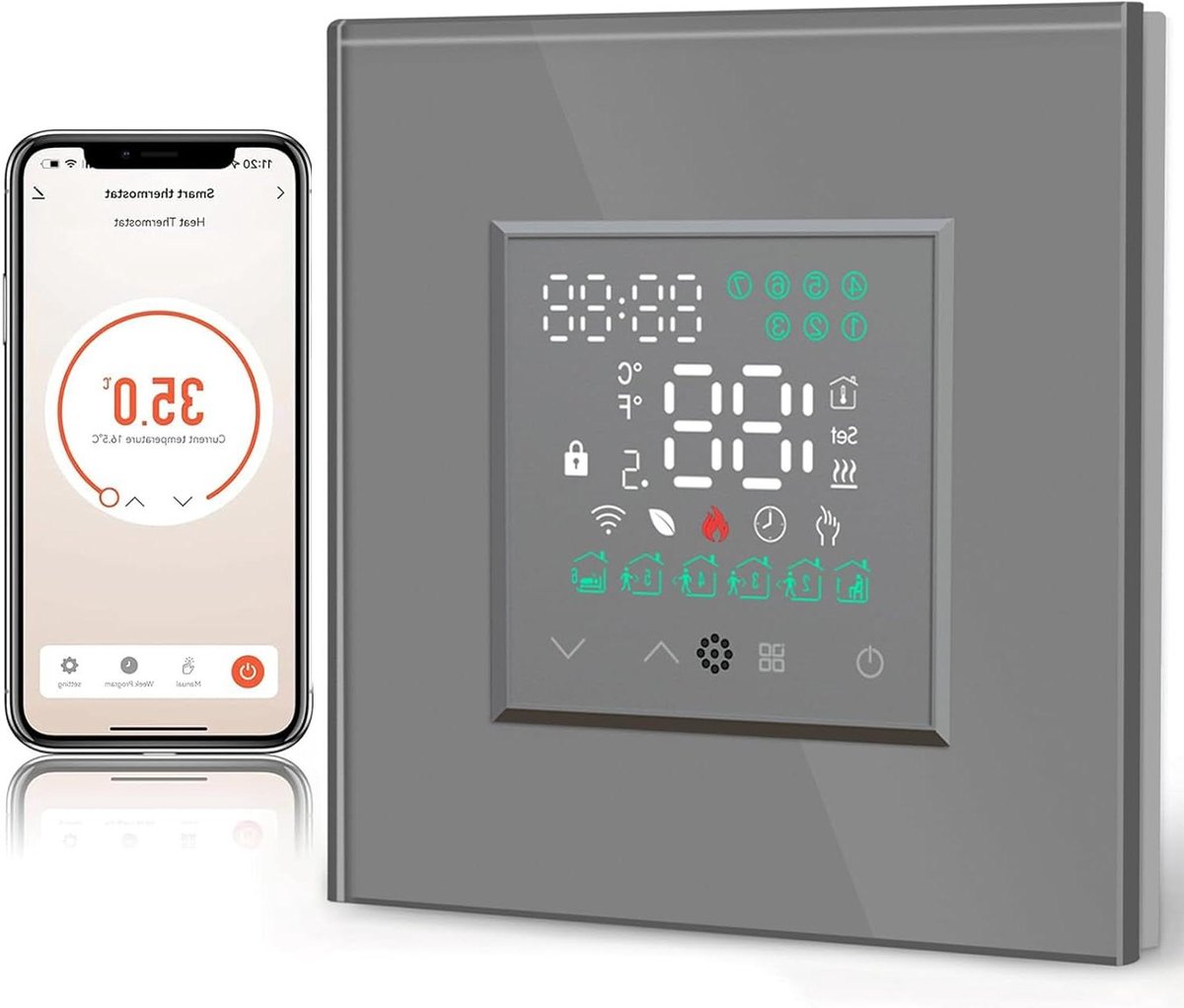 Slimme Thermostaat - Verwarming Thermostaat - Energie Besparen - Spraakbesturing Compatibel - 8.6 x 8.6 cm - Grijs