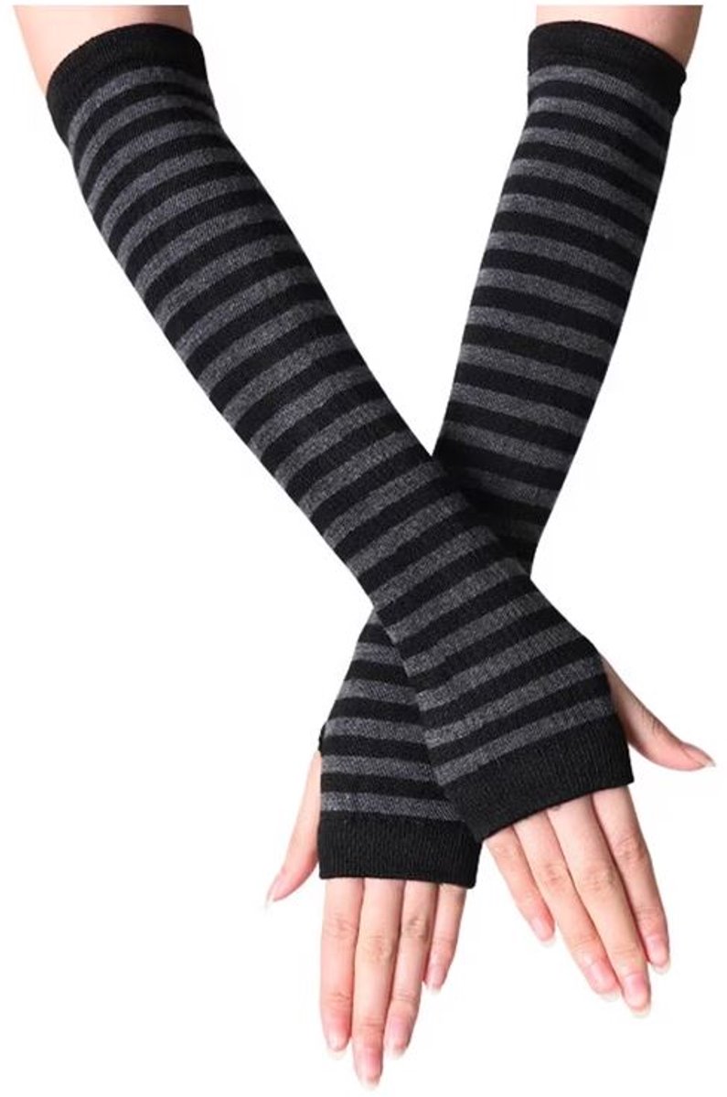 Polswarmers - Armwarmers - Vingerloze handschoenen - Gestreept - Punk stijl - Rave outfit - Gothic accessoires - Emo kleding - Festival accessoires - Zwart/grijs - 1 paar - Jonyx