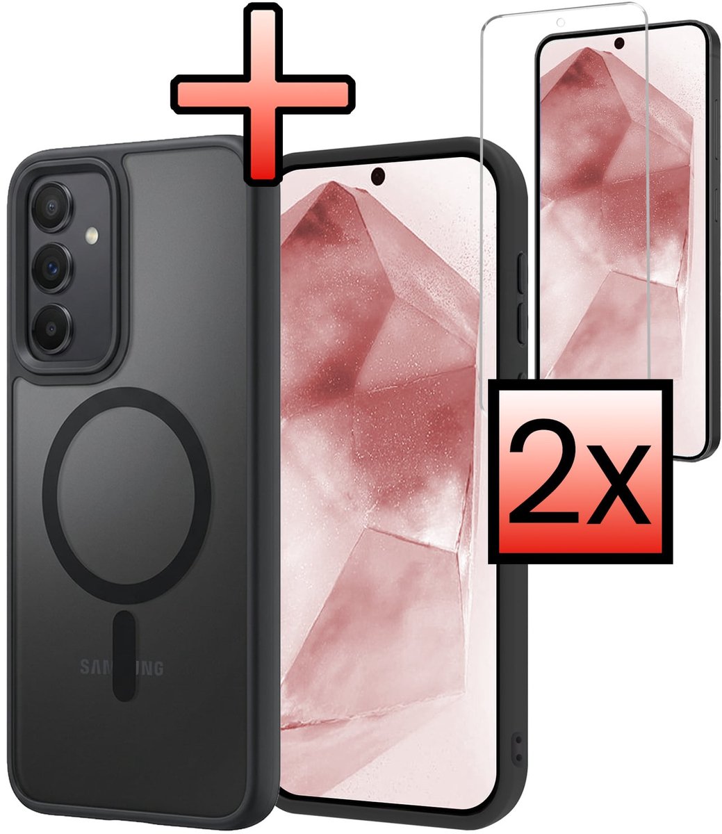 Hoesje - Met 2x Screenprotector - Geschikt voor Samsung Galaxy A55 - Magsafe Compatible - Sterk & Shockproof - Back Cover - Shock Proof Case - Telefoon Hoes - Zwart