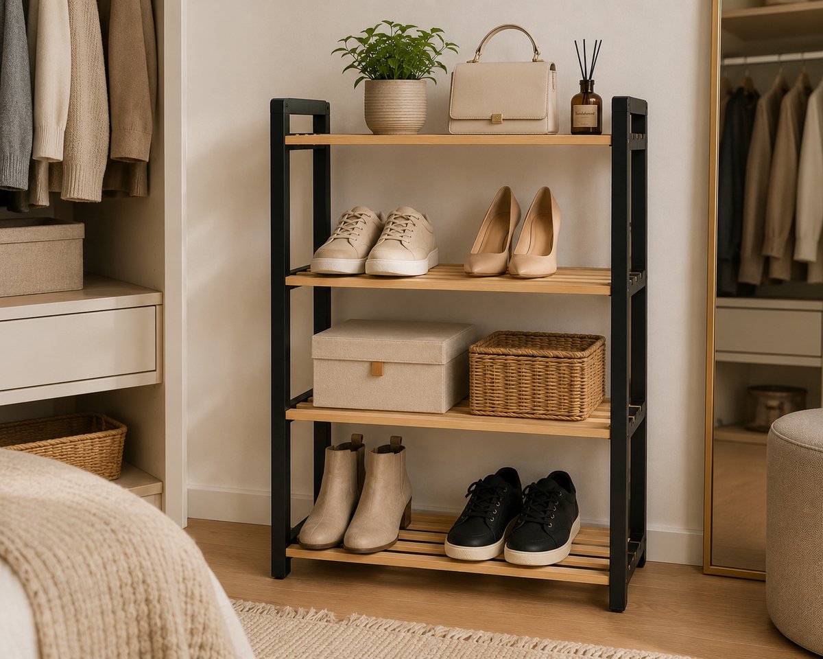 Schoenenrek - Schoenenkast - Schoenenrek 4 Laags - Opbergrek - Houten Leggers – 78 x 66 x 23 cm - Zwart/Naturel