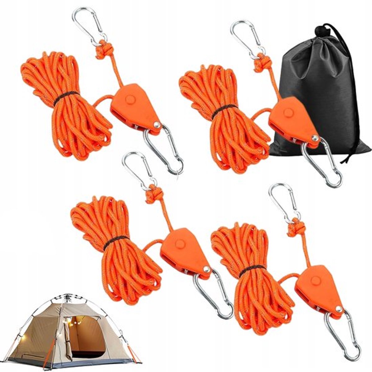 4x Multifunctionele Touw Ratel Buitenkatrol Versteller - 4 mtr met haak - Spanratel - Scheerlijn voor tent - Verstelbaar touw - Reflecterende scheerlijnen voor tent - Takel met Ratel en Touw - Reflecterende tent guy ropes voor tent, tentzeil, camping