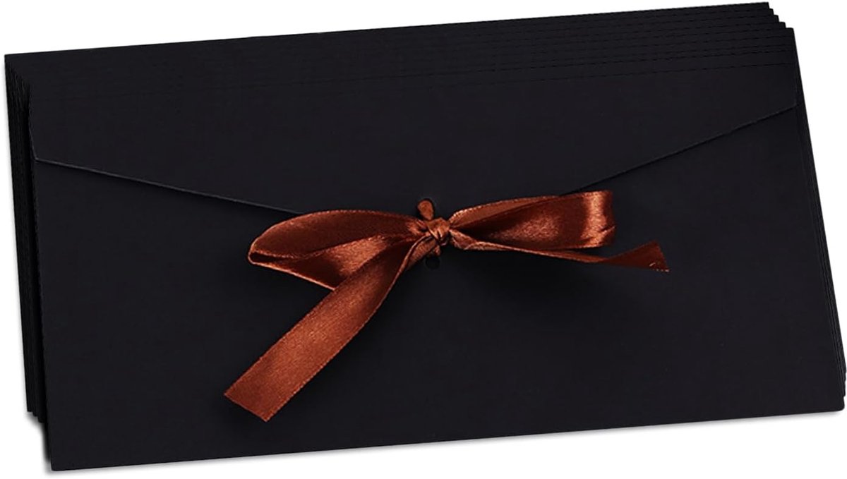 Elegante enveloppen – set van 10 – grote vintage enveloppen van kraftpapier (portefeuillemodel) – voorzien van strikken van satijnlint – bordeauxrode enveloppen voor cadeaubonnen – geschikt voor verjaardagen, Kerstmis en meer – zwart