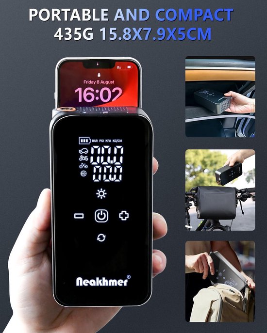 Thuys - Draadloze Mini Bandenvuller 150 PSI - 6000mAh - 18L/min - Autostand Uitschakeling - LED Zaklamp - voor Auto - Fiets en Motor van Thuys — afbeelding 3