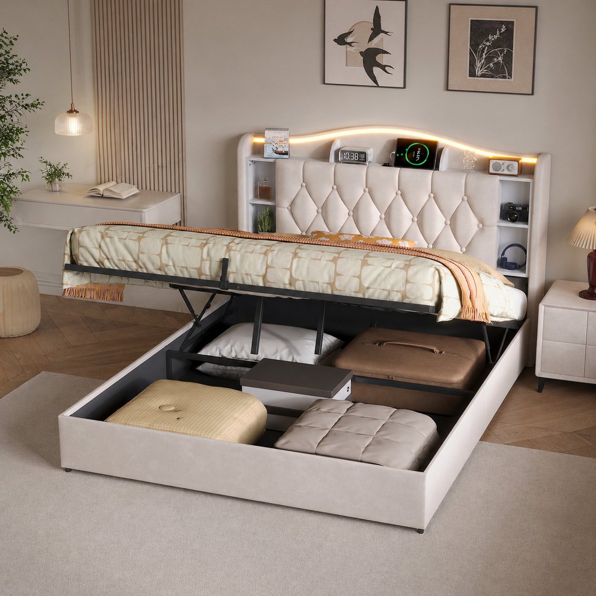 Tweepersoonsbed 140x200 cm met hydraulische opbergruimte, RGB-ledverlichting en USB/Type-C-aansluiting, hoofdbord met opbergplanken, bedframe met lattenbodem, fluwelen bekleding, Beige