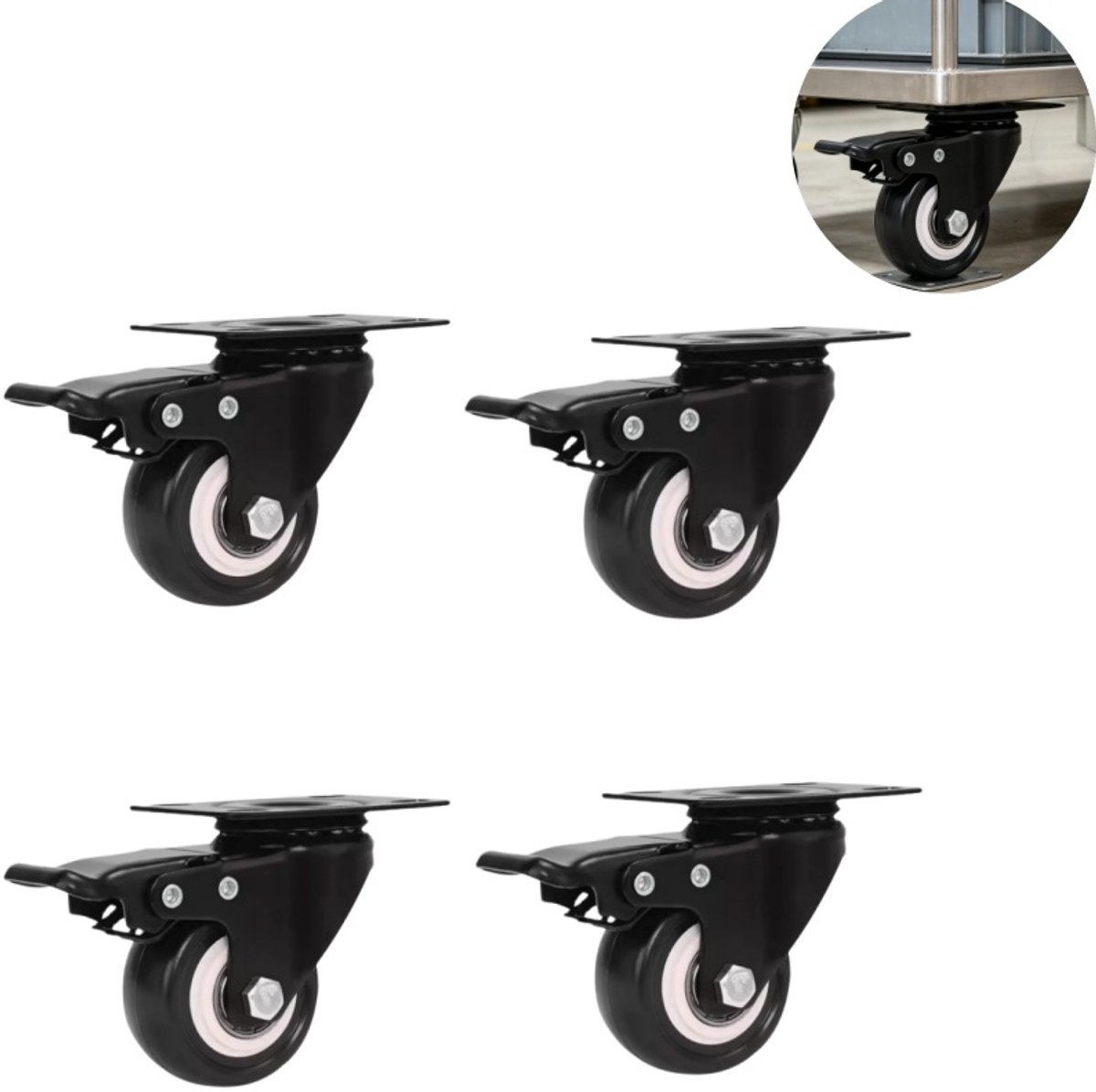 4 stuks - zwarelast zwenkwielen - meubelwiel - zwenkwiel - dubbele lagers wielen - geluidsarm PVC wiel - montagehoogte 60mm - draagvermogen 50kg - voor bank, kast, opbergrek - zwart