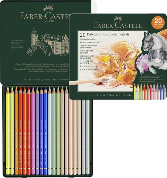 Blik met 20 Faber-Castell Polychromos kleurpotloden, met een tekening van paarden en een paard