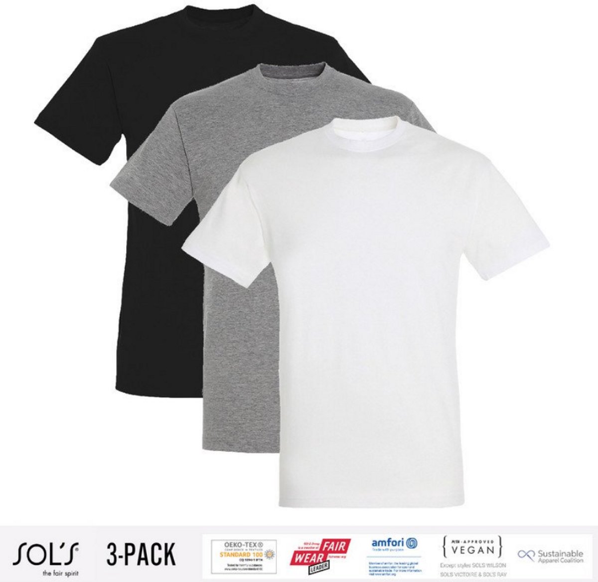 3 Pack Sol's Heren T-Shirt 100% biologisch katoen Ronde hals Zwart, Grijs en Wit Maat XXL
