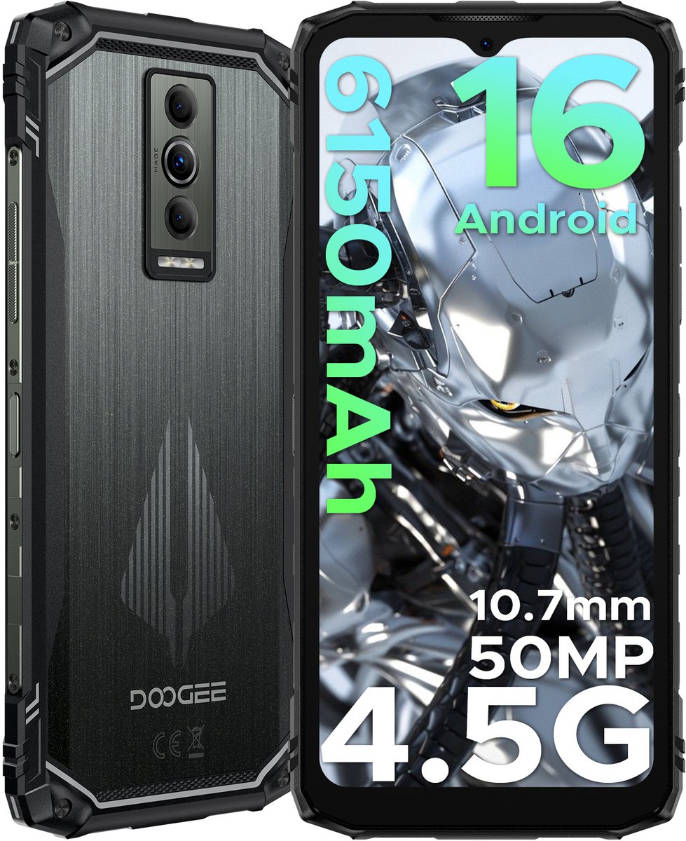 DOOGEE Blade 10 Pro Energy 4.5G - Robuuste Telefoon - Smartphone - Android 16 - 6150mAh/18W - 10.7mm - 50MP Camera - Gemini AI - UNISOC T7250 - 12 GB RAM+128 ROM（2TB/TF) - 6,56-inch HD+ 90Hz - Widevine L1 - Face ID - NFC - Drie sleuven - Zwart