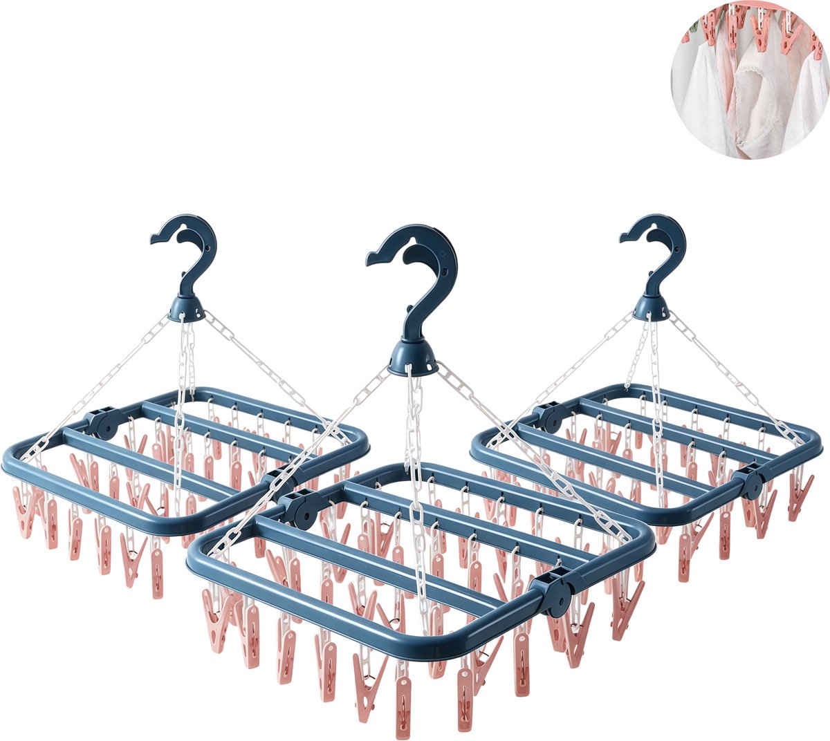 3 stuks - wasrek met 32 klemmen - wasdroogrek - sokkenhouder - ondergoed droogrek - opvouwbare kledinghanger - voor thuis en hotel - blauw en roze