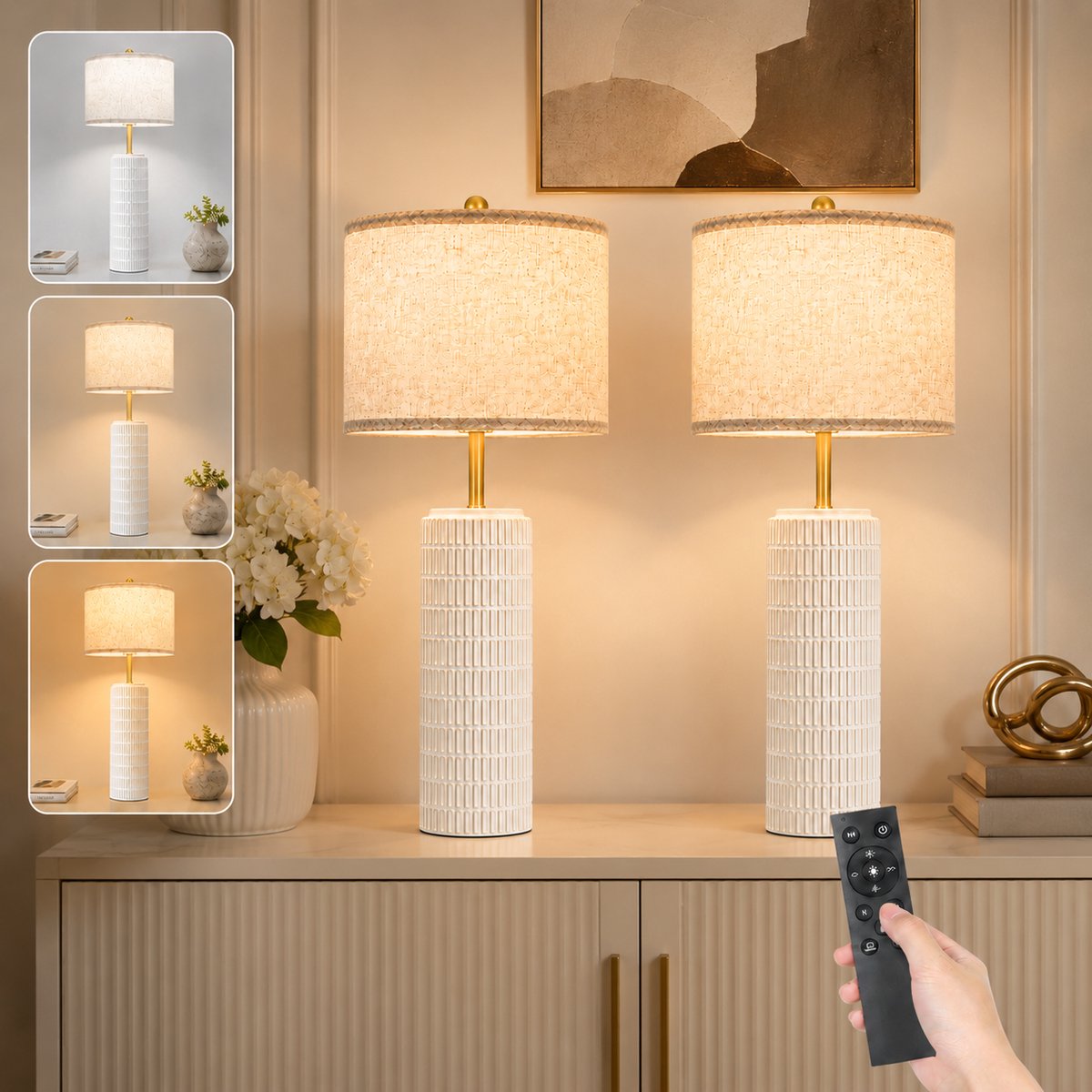 Lapamax Luxe Keramische Tafellampen Set van 2 - Dimbare Bedlampjes met Linnen Kap - Leeslamp met Afstandsbediening-Timer en 3 Lichtkleuren -Nachtlampjes voor Slaapkamer en Woonkamer Nachtkastje