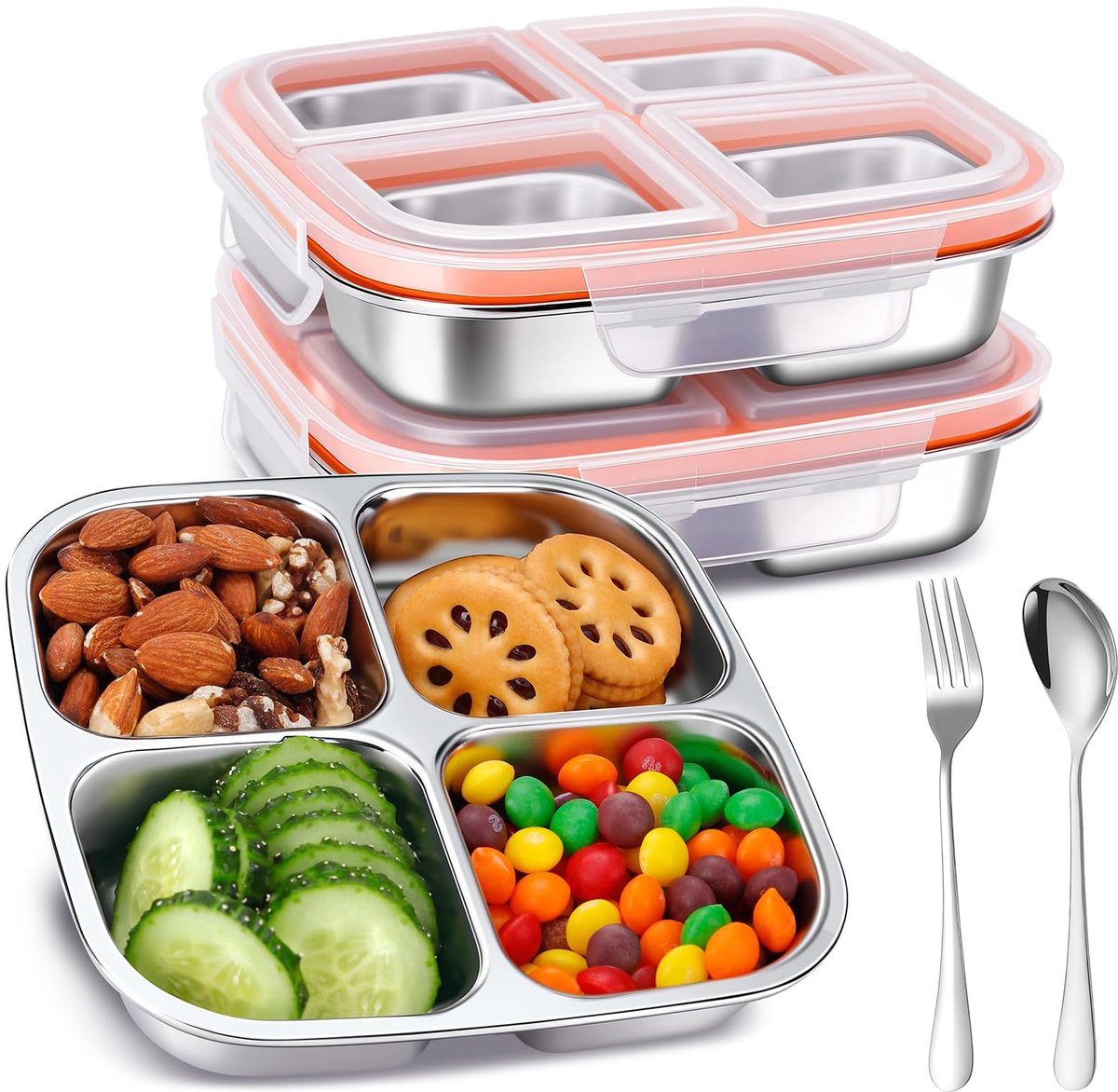Snackbox Set - 2 Stuks - RVS Bento Lunchbox 600 ml - 4 Vakken - Lekvrije Vershoudbox met Deksel - Inclusief Vork en Lepel - Herbruikbare Lunchbox voor School, Werk, Reizen en Picknick