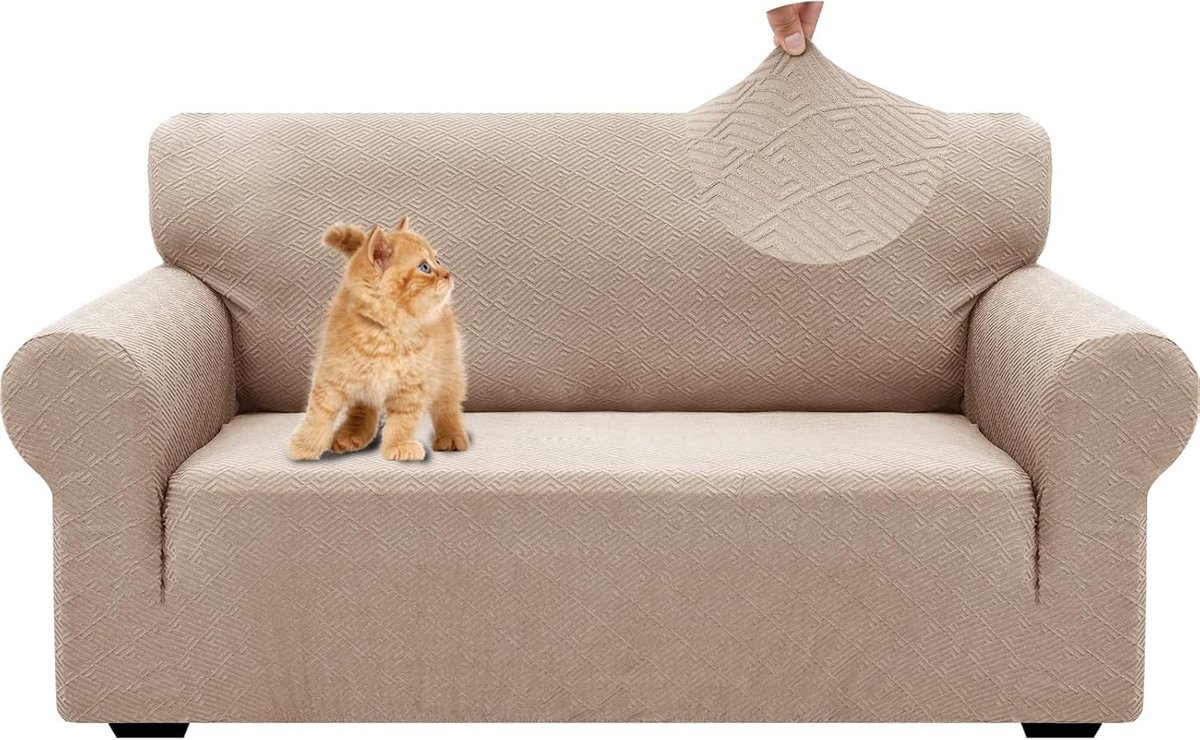 Stretch Sofa Hoes voor 2 Zits Bank, Elastische Bekleding met Anti-slip Schuim, Krabbestendig Meubelbescherming, Beige en Universeel Ontwerp