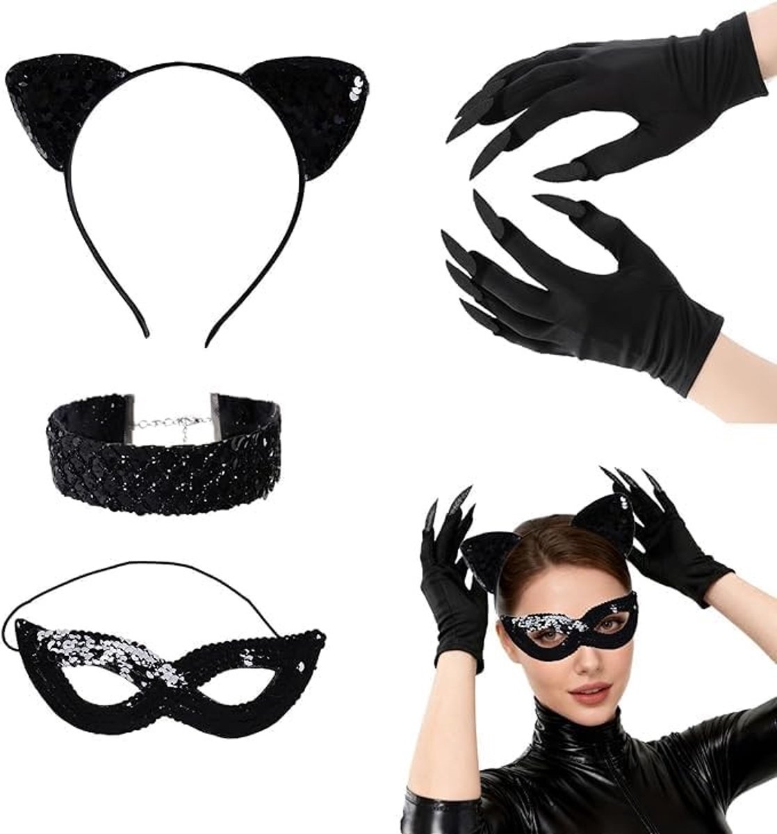 Cat Costume Set voor Dames met Oren, Haarband, Masker, Ketting en Klauwen - Perfect voor Halloween, Carnaval en Cosplay Feesten