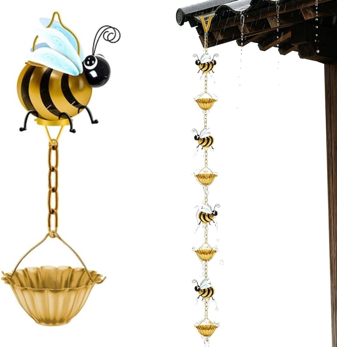 Regenketting Decoratieve Schakelketting - Watergeleider Tuin - Regenwater Leiden - Bijen Geïnspireerd Ontwerp - 130 cm - Goud