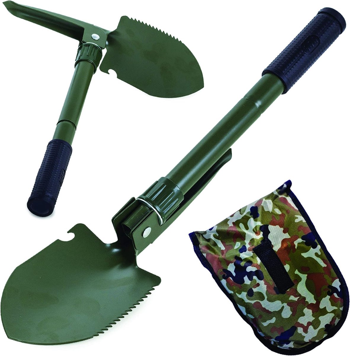 SnelShoppen - Multifunctionele opvouwbare schep met zaag, flesopener, ergonomisch handvat voor camping, tuin, en buitensporten - 41,5 cm uitgevouwen,