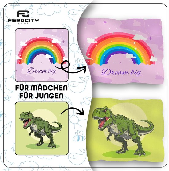 Twee ontwerpen voor vlaggen: een met een regenboog en tekst Dream big, en een met een dinosaurus.