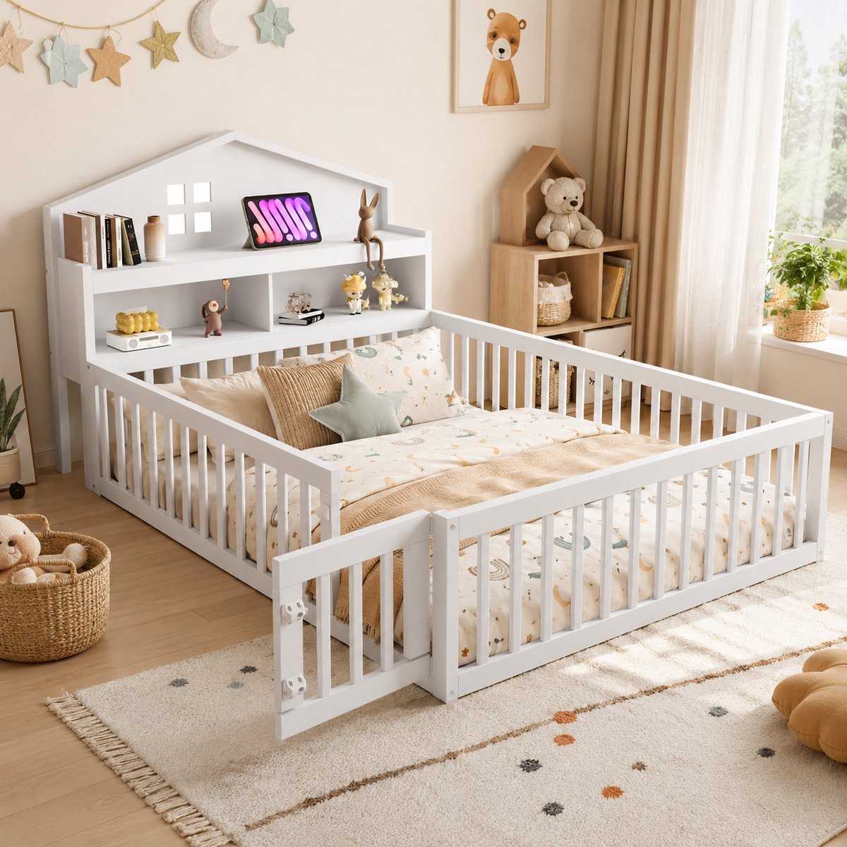 Kinderbed 140x200 cm - Tweepersoonsbed 140x200 cm - Vloerbed - Massief houten bedframe - Multifunctioneel bed - Met veiligheidsleuning - Met hoofdeinde - Met opbergruimte - Wit