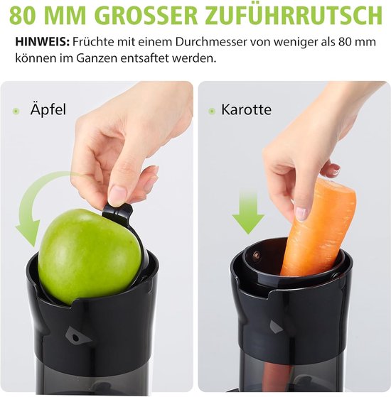 SnelShoppen - Slow Juicer voor Hele Fruit en Groenten BPA Vrij Elektrische Juicer met 80 mm Opening, Stille Motor, Testwinnaar met Terugloopfunctie in — afbeelding 3