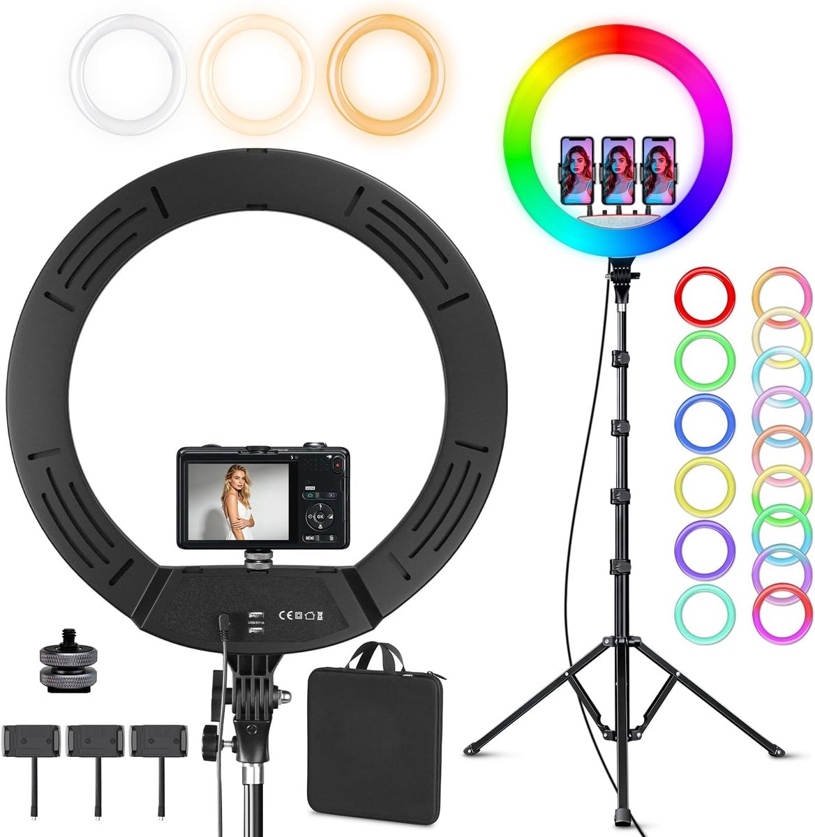 SnelShoppen - Groot 18-inch LED-ringlicht met statief voor smartphone, 3 lichtmodi, hoogte verstelbaar statief, 90° draaibaar, ideaal voor YouTube, Ti