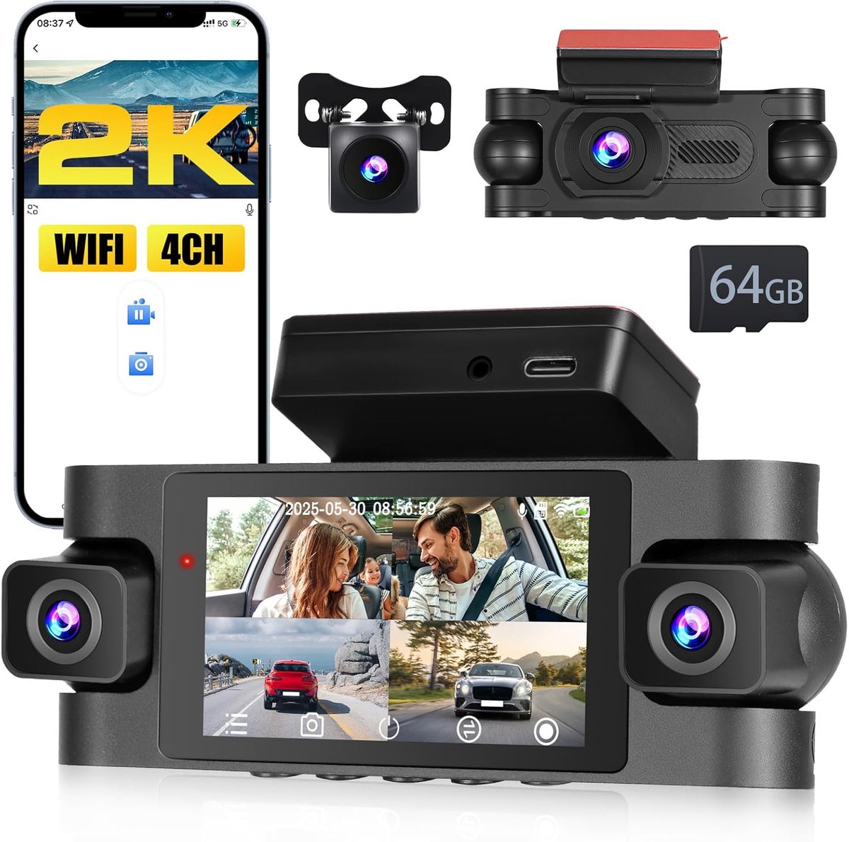 SnelShoppen - 4-kanaals dashcam 2K WiFi autovideo camera voorzijde en 1080P achterzijde, met 64GB kaart, loopopname, G-sensor, achteruitrijhulp
