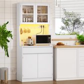 HILINSIE - Keukenkast - Buffetkast - met Stopcontacten en LED-Lichtstrip - Hoge Kast met Werkblad en 4 Opbergvakken - voor Keuken en Woonkamer - 40 × 75 × 180 cm - Wit
