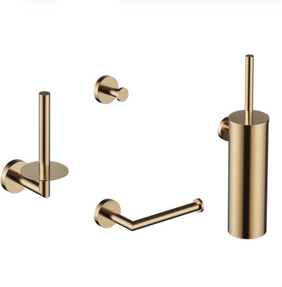 Koperkleurige badkameraccessoireset: toiletrolhouder, toiletborstel, haak en reserverolhouder.