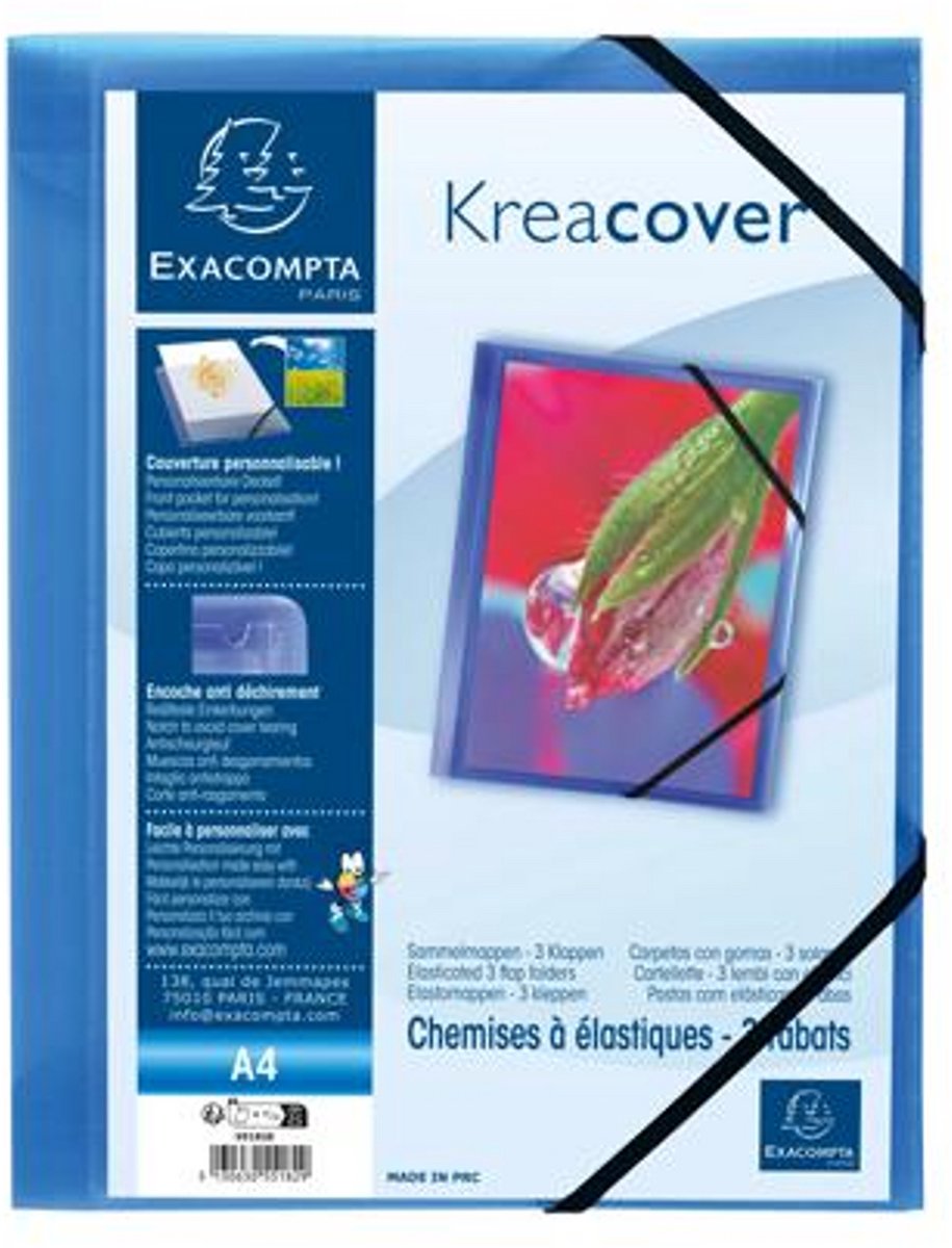 Exacompta Kreacover® elastomap met 3 kleppen - ondoorschijnende PP 5/10de- A4 - Blauw - 55182E