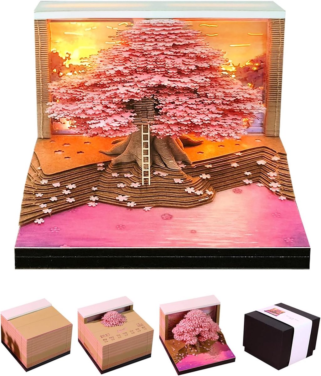 3D Kalender 2027 - Kalender– 3D-memoblok – Decoratief ornament - Creatieve Memobloc Tijdstuk - Papieren Sculptuur Kersenbloesemboom - Afscheurkalender - DIY Decoratief Cadeau voor Bureau - Kunstpapier - Uniek Woonaccessoire - 8.5×8.5×5.8cm
