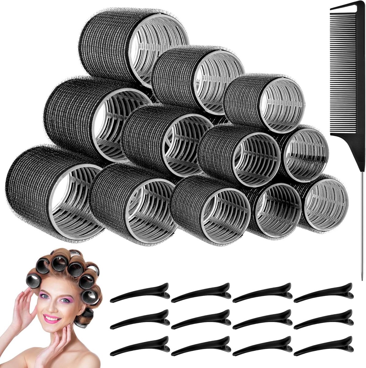 Krultang, 31 krullen zonder warmte, grote krultangen 3 maten (36/48/64 mm), 12 clips en 1 kam, zelfklevende haarkrulspelden voor lang, medium en kort haar (zwart)