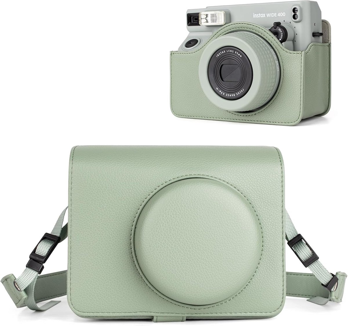 Leren Hoesje compatibel met Fujifilm Instax Wide 400 Instant Camera, voor Instax WIDE 400 Cameratas met Schouderriem - Groen