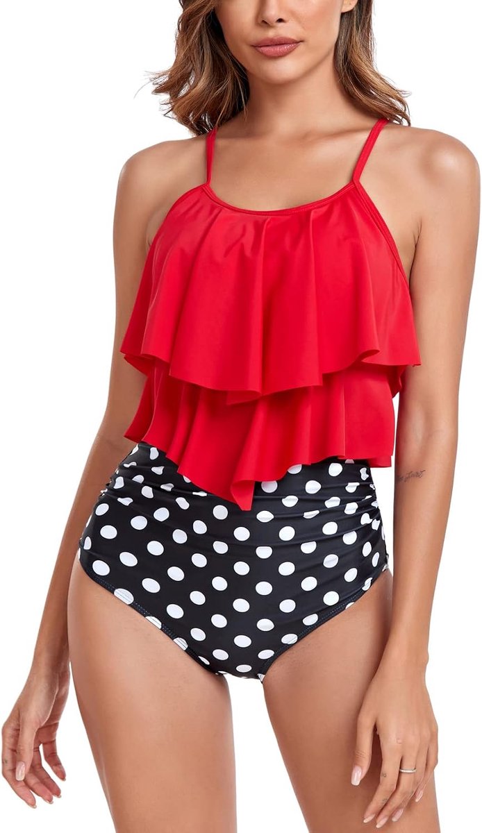 Tankini Badpak voor Vrouwen Dubbele Ruches Hoge Taille Badmode 2