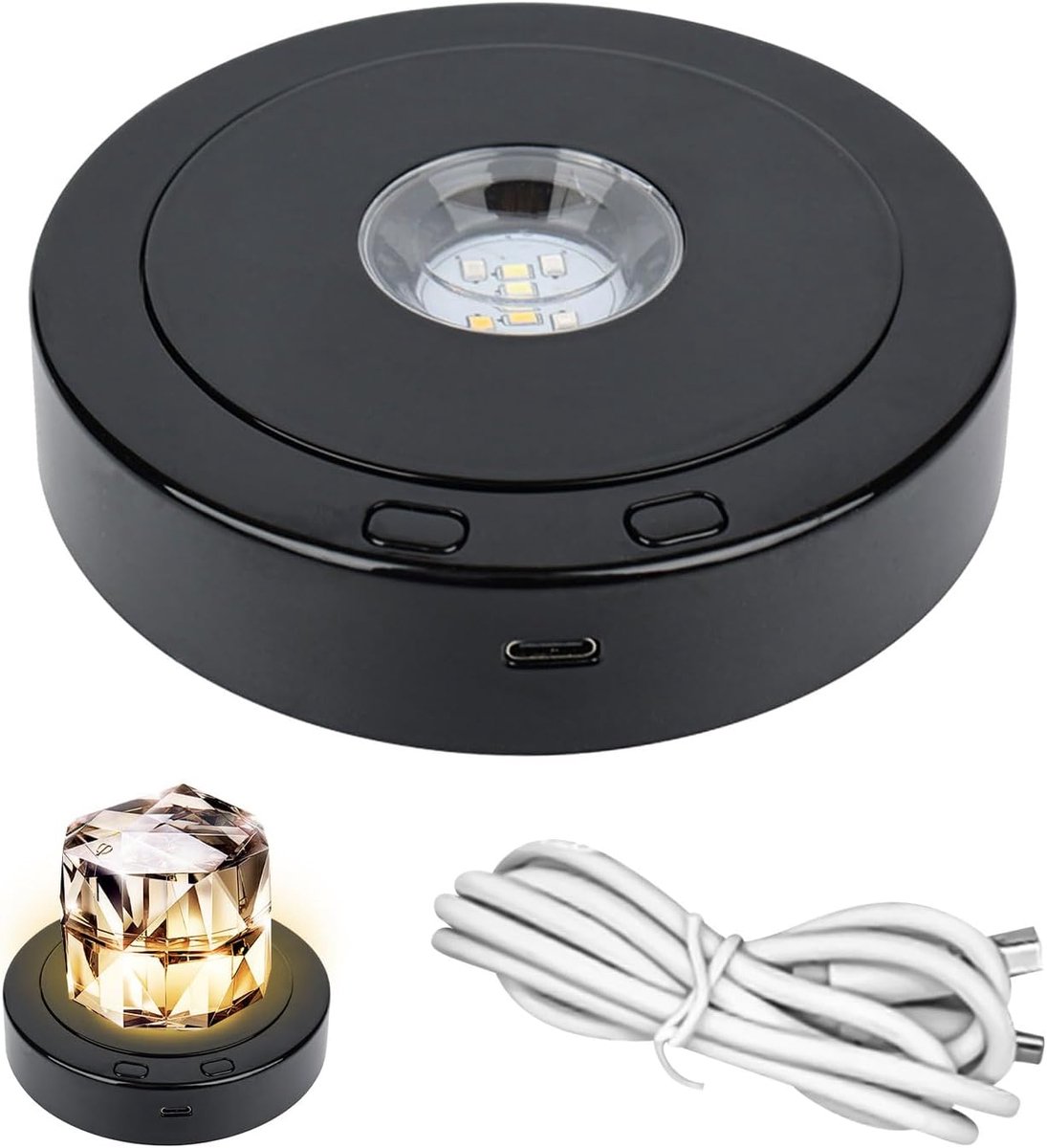 Zwarte draaibare ronde LED-lichtbasis, 4 draaiende en 8 lichtmodi displaystandaard, meerdere led-kleuren roterende displaybasis voor kristalbeelden, glazen bal, glaskunst