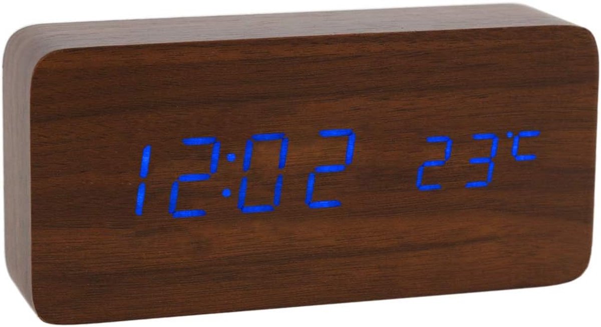 klok van hout – multifunctionele led-wekker met tijd/datum/temperatuurweergave en spraakbesturing voor op reis naar huis – AC11Brown_Blue