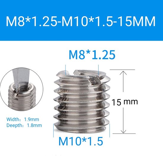 Reduceermoer met buitendraad, 10 stuks M8 x 1,25 -M10 x 1,5-15 mm roestvrij stalen schroefmoer bevestigingsmateriaal — afbeelding 5