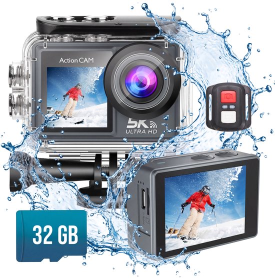 Action camera met 5K Ultra HD en 32GB SD-kaart. Waterdicht, met afstandsbediening en beeld van skiër.
