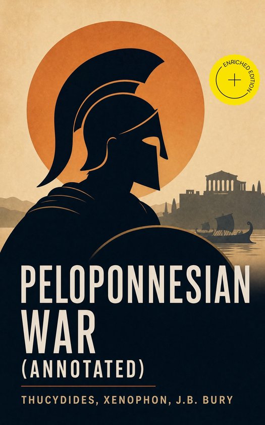 Livre "Peloponnesian War (Annotated)" avec une silhouette de soldat grec, Acropole et navire en mer.