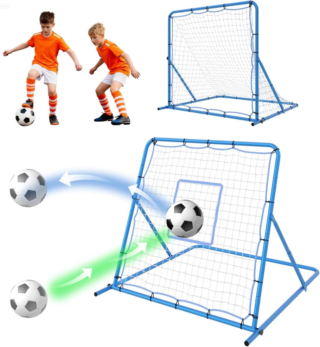 Danky 2-in-1 voetbaldoel, verstelbaar hoekijzeren terugslagnet + PE-net, blauw, 213*144*152 cm, draagbaar voor binnen en buiten, voor kinderen