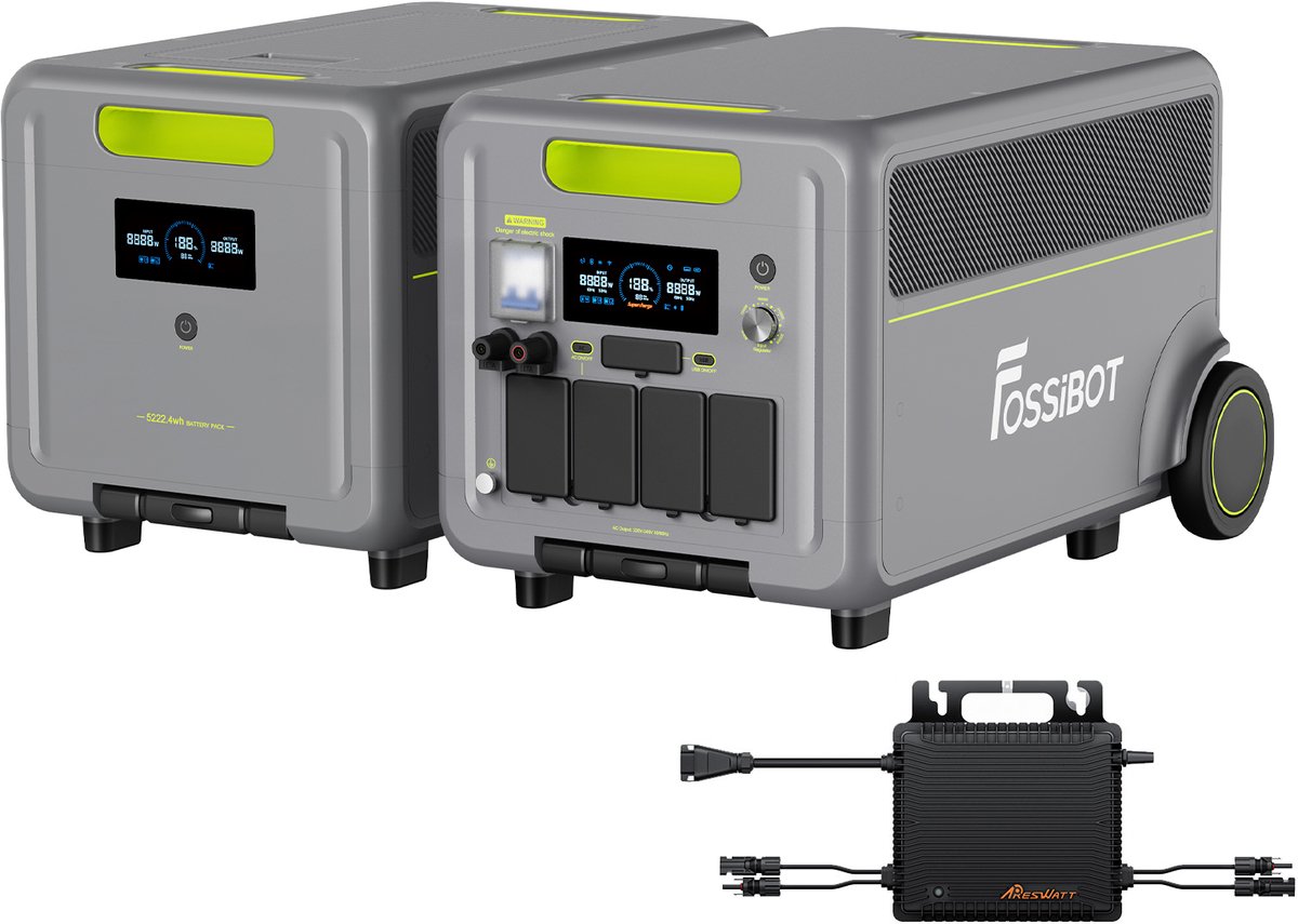 FOSSiBOT F7200 Industriële Hoogvermogen Powerstation + FB5222 Uitbreidingsbatterij + T202 Micro-Omvormer 5222Wh 7200W | Uitbreidbaar tot 15,67kWh UPS <10ms Voor Thuis, Werkplaats & Camper