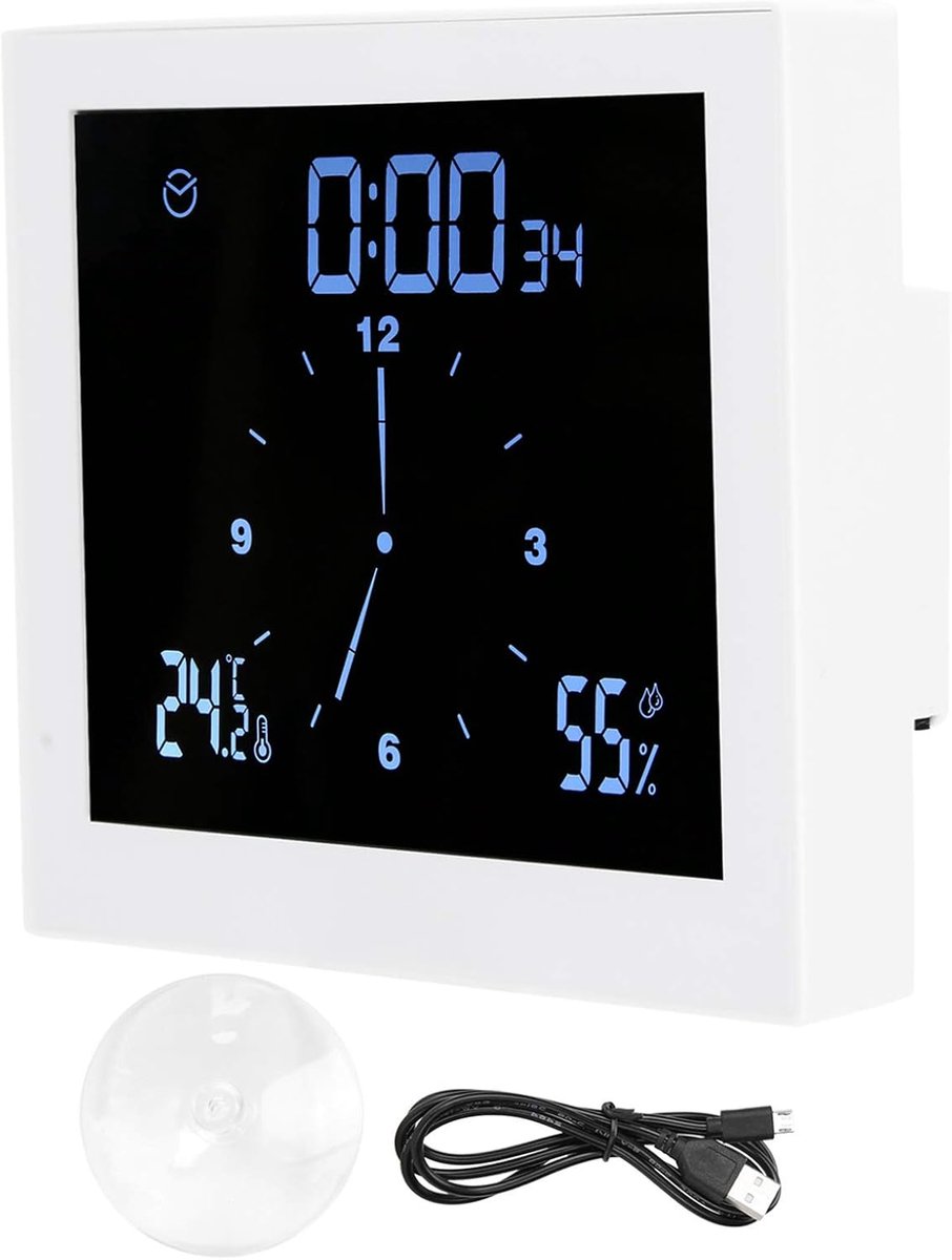 SnelShoppen - Digitale Badkamer Klok met LED Display - Waterdichte Wandklok voor Badkamer met Temperatuur, Vochtigheid, Countdown en Alarmfunctie (Wit