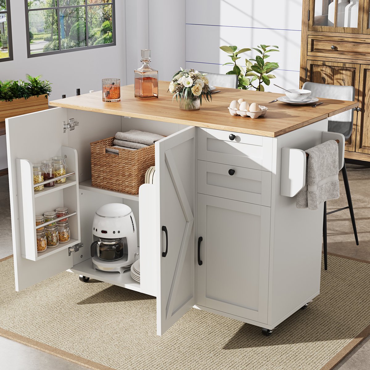 Moderne Keuken Trolley - Verrijdbaar Keukeneiland Met Opbergruimte En Vouwtafel Wit